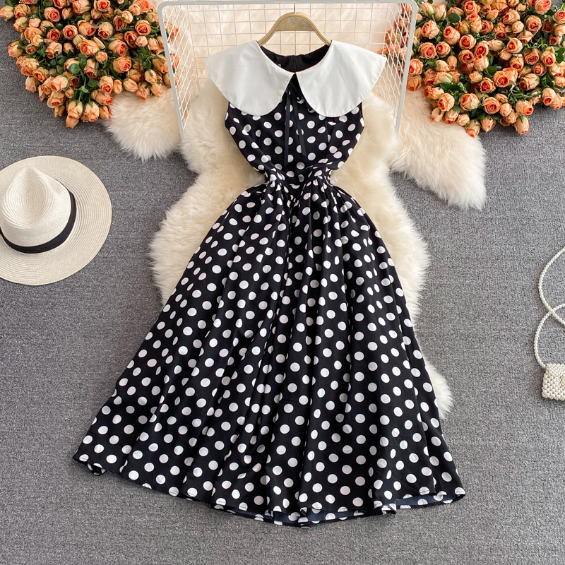 Polka dot long skirt female retro Hepburn style big swing waist slim slimming doll collar sleeveless dress summer - Image 2