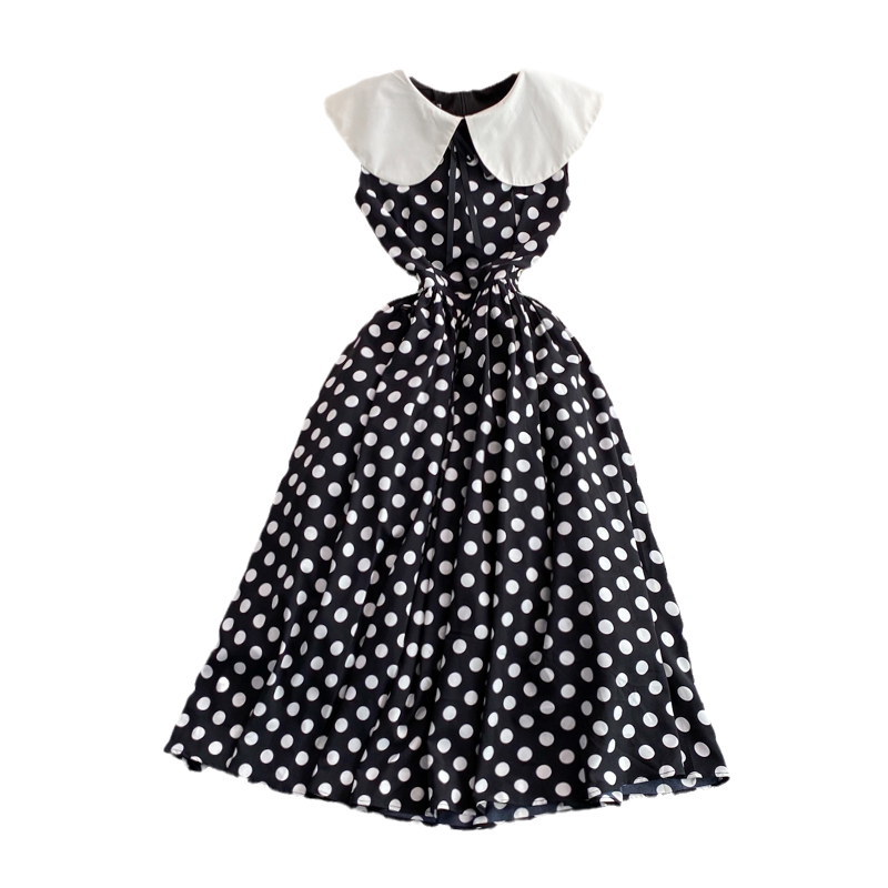 Polka dot long skirt female retro Hepburn style big swing waist slim slimming doll collar sleeveless dress summer - Image 6