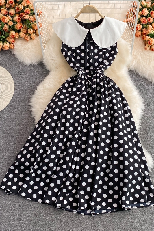 Polka dot long skirt female retro Hepburn style big swing waist slim slimming doll collar sleeveless dress summer - Image 7