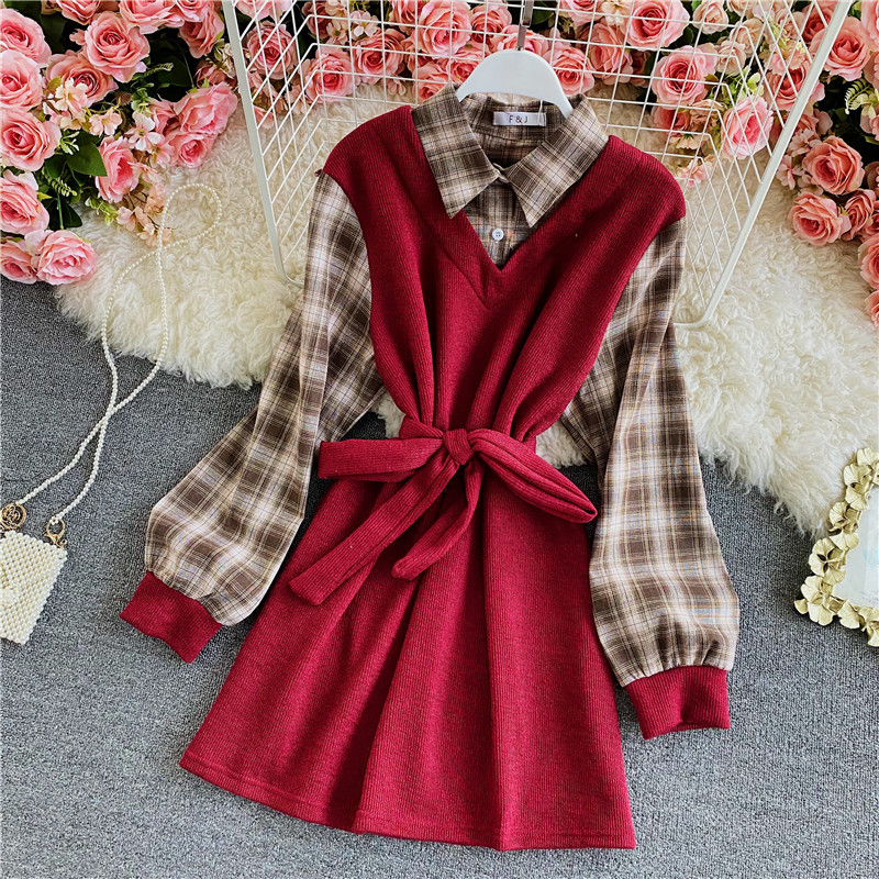 Shirt skirt female spring and autumn new fake two-piece splicing long-sleeved plaid temperament Korean style waist short skirt