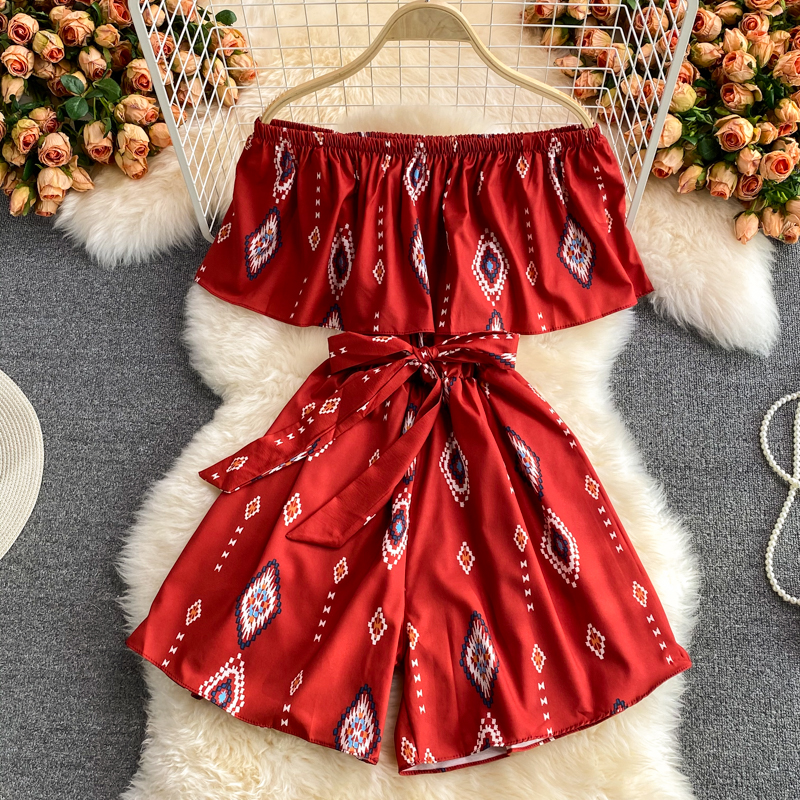 Off-Neck Bohemian Printed Ruffled Bandeau One-Shoulder Loose Casual Vacation Jumpsuit Wide Leg Shorts for Women