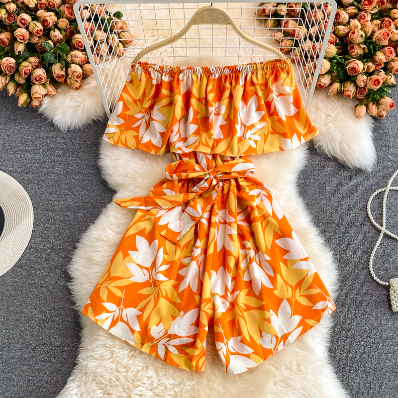 Off-Neck Bohemian Printed Ruffled Bandeau One-Shoulder Loose Casual Vacation Jumpsuit Wide Leg Shorts for Women - Image 4