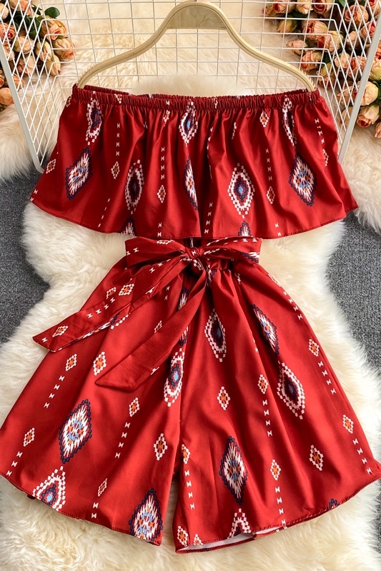 Off-Neck Bohemian Printed Ruffled Bandeau One-Shoulder Loose Casual Vacation Jumpsuit Wide Leg Shorts for Women - Image 7