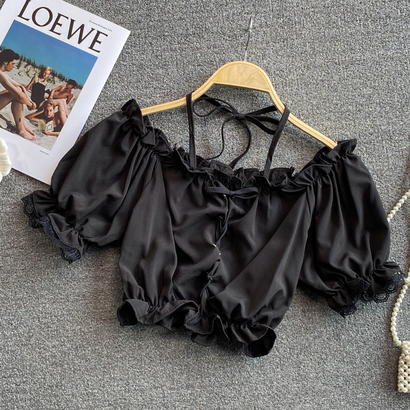 off-Shoulder off-Shoulder French Style Top Women's Summer New Puff Sleeve Square Collar High Waist Navel Short Shirt - Image 3