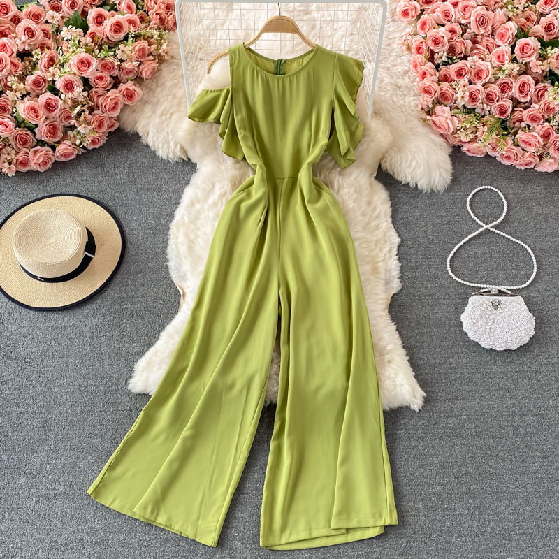 Summer New Korean Style Temperament Crew Neck Ruffle Sleeve Waist Slimming Drooping Wide-Leg Pants Casual Jumpsuit Women