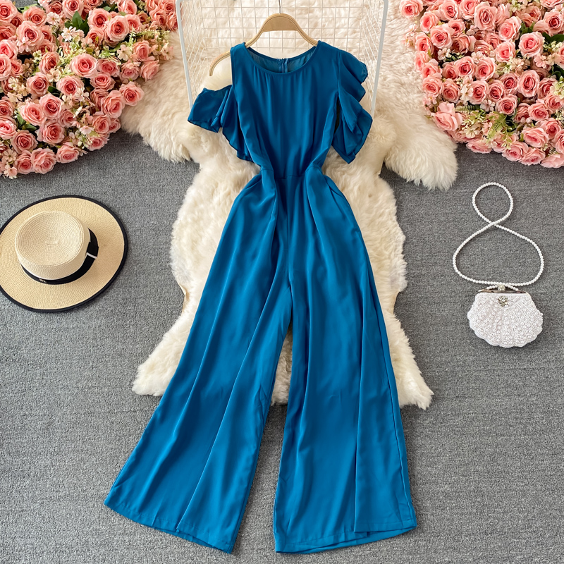 Summer New Korean Style Temperament Crew Neck Ruffle Sleeve Waist Slimming Drooping Wide-Leg Pants Casual Jumpsuit Women - Image 3