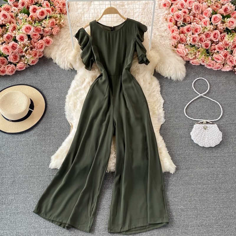 Summer New Korean Style Temperament Crew Neck Ruffle Sleeve Waist Slimming Drooping Wide-Leg Pants Casual Jumpsuit Women - Image 4