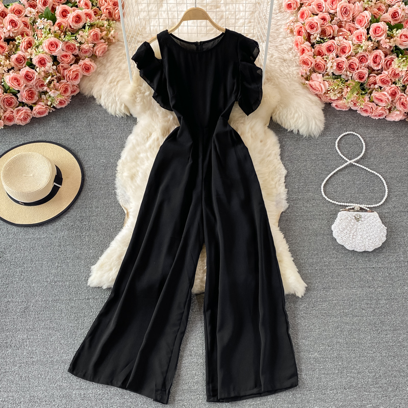 Summer New Korean Style Temperament Crew Neck Ruffle Sleeve Waist Slimming Drooping Wide-Leg Pants Casual Jumpsuit Women - Image 5