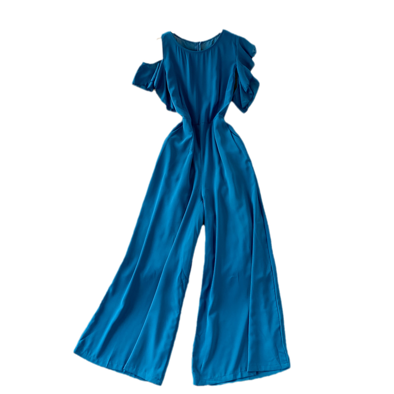 Summer New Korean Style Temperament Crew Neck Ruffle Sleeve Waist Slimming Drooping Wide-Leg Pants Casual Jumpsuit Women - Image 6