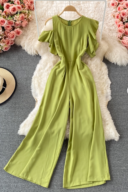 Summer New Korean Style Temperament Crew Neck Ruffle Sleeve Waist Slimming Drooping Wide-Leg Pants Casual Jumpsuit Women - Image 7