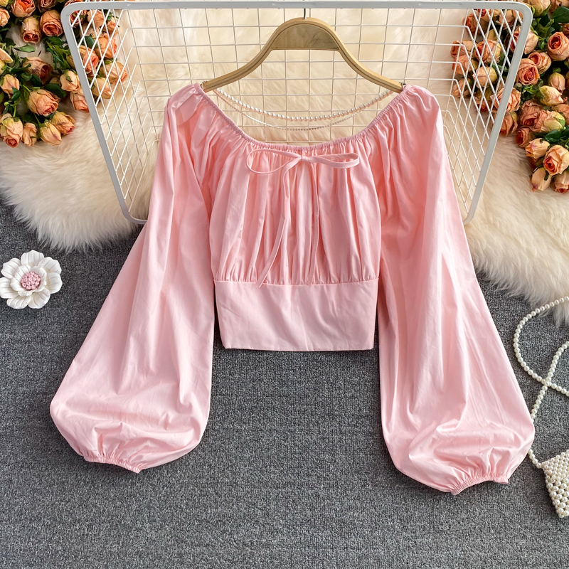 Autumn New Retro Fairy French Style Square-Neck Cinched Slimming Lantern Sleeves Shirt Short Western Style White Top for Women