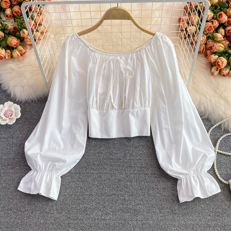 Autumn New Retro Fairy French Style Square-Neck Cinched Slimming Lantern Sleeves Shirt Short Western Style White Top for Women - Image 3