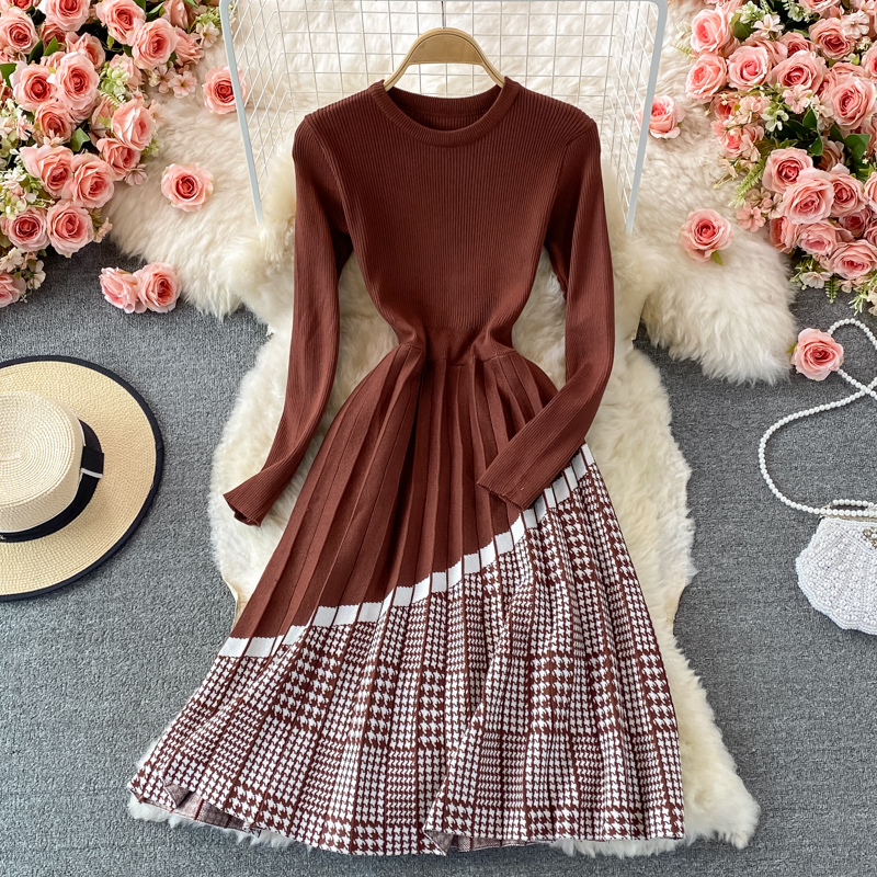 Match with Coat Woolen Skirt Autumn and Winter round Neck Plaid Patchwork Knitting Dress Mid-Length Pleated A- line Skirt - Image 2
