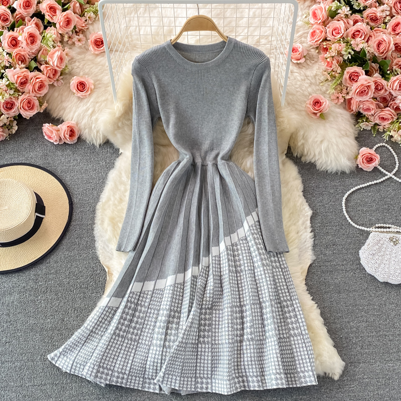 Match with Coat Woolen Skirt Autumn and Winter round Neck Plaid Patchwork Knitting Dress Mid-Length Pleated A- line Skirt - Image 3