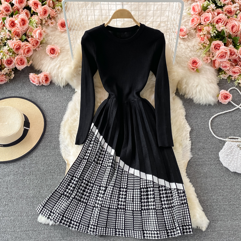 Match with Coat Woolen Skirt Autumn and Winter round Neck Plaid Patchwork Knitting Dress Mid-Length Pleated A- line Skirt - Image 4