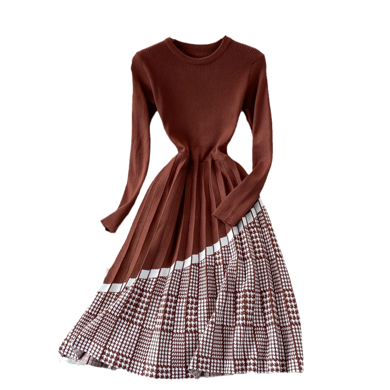Match with Coat Woolen Skirt Autumn and Winter round Neck Plaid Patchwork Knitting Dress Mid-Length Pleated A- line Skirt - Image 6