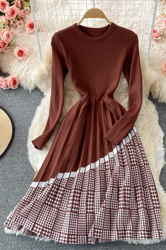 Match with Coat Woolen Skirt Autumn and Winter round Neck Plaid Patchwork Knitting Dress Mid-Length Pleated A- line Skirt - Image 7