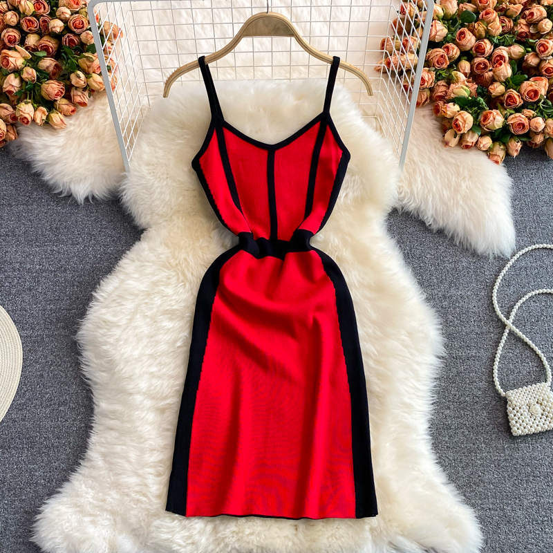 Korean Style Summer New Contrast Color Knitted V-neck Strap Vest Skirt Small Elastic Hip Bottoming Dress