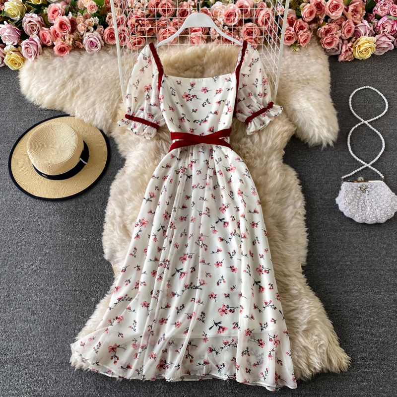 Summer super fairy dress square neck puff sleeve first love fairy dress French retro temperament goddess fan floral skirt - Image 2