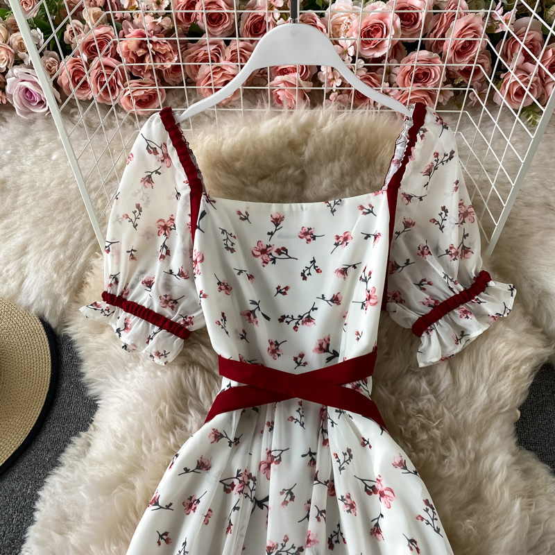 Summer super fairy dress square neck puff sleeve first love fairy dress French retro temperament goddess fan floral skirt - Image 3