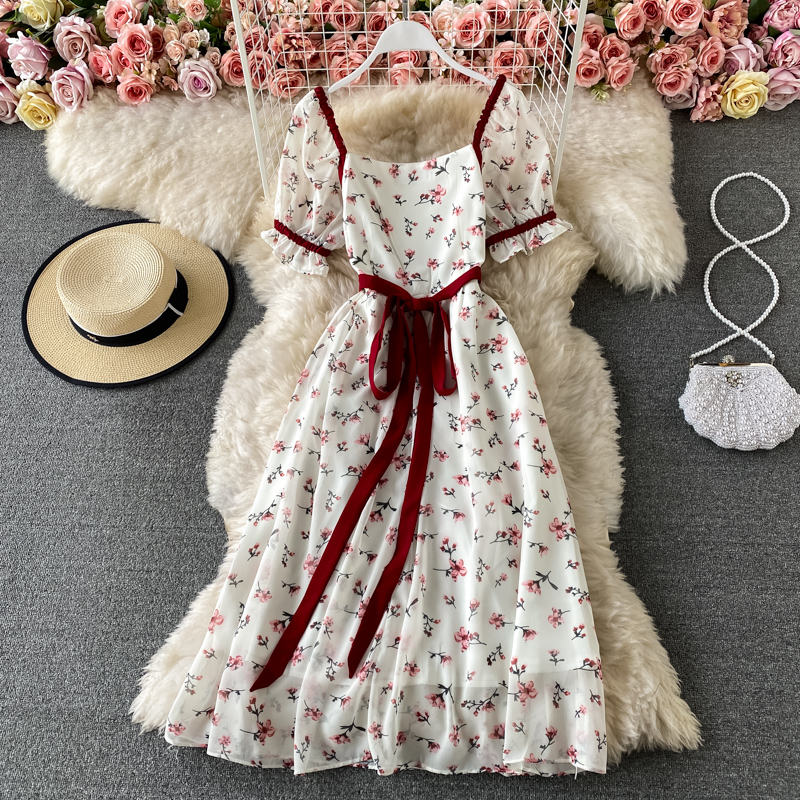 Summer super fairy dress square neck puff sleeve first love fairy dress French retro temperament goddess fan floral skirt - Image 5