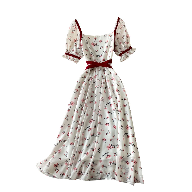 Summer super fairy dress square neck puff sleeve first love fairy dress French retro temperament goddess fan floral skirt - Image 6