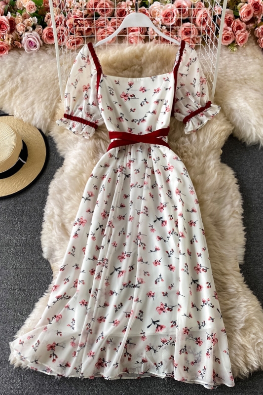 Summer super fairy dress square neck puff sleeve first love fairy dress French retro temperament goddess fan floral skirt - Image 7