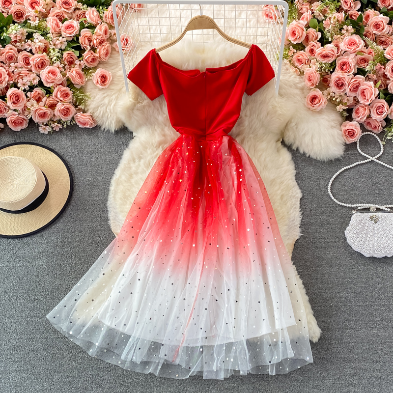 Super Fairy Starry Sky Gradient off-the-Shoulder Gown New Socialite Elegant Dress Slimming Mid-Length Banquet Evening Dress - Image 4