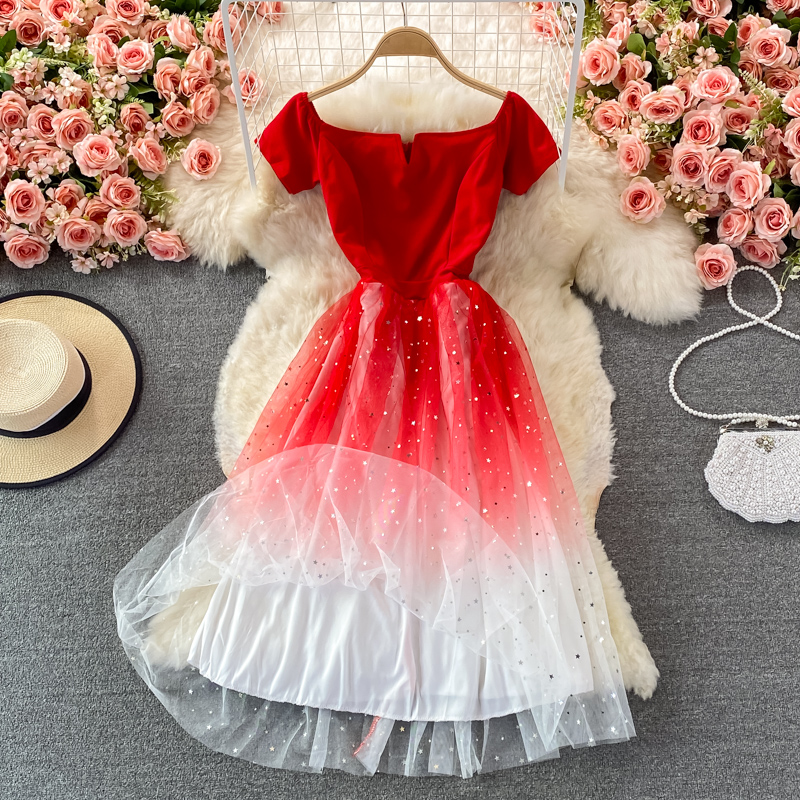 Super Fairy Starry Sky Gradient off-the-Shoulder Gown New Socialite Elegant Dress Slimming Mid-Length Banquet Evening Dress - Image 5