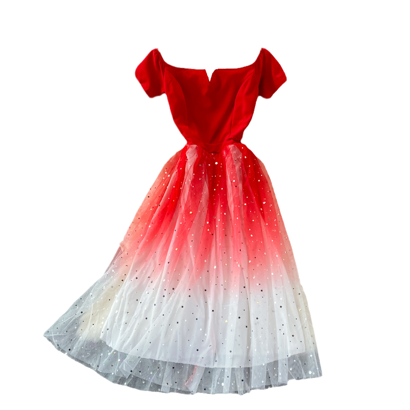 Super Fairy Starry Sky Gradient off-the-Shoulder Gown New Socialite Elegant Dress Slimming Mid-Length Banquet Evening Dress - Image 6