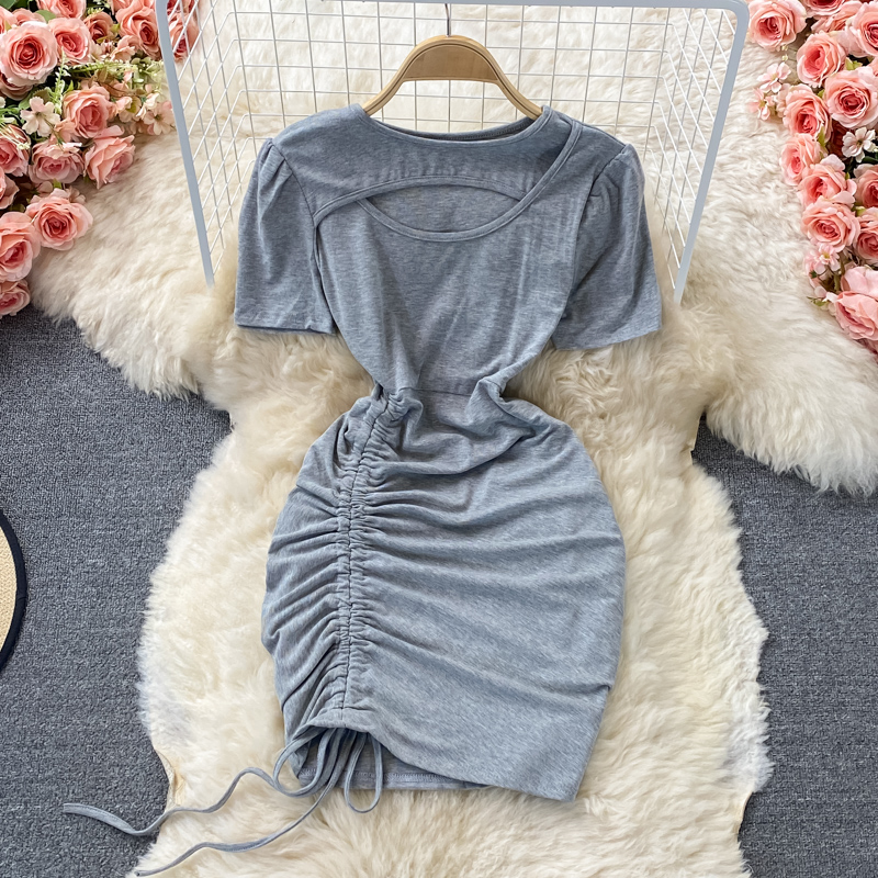 Hollow Western style drawstring waist short-sleeved dress summer new Korean temperament was thin and short hip skirt