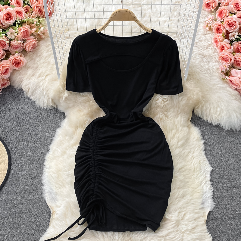Hollow Western style drawstring waist short-sleeved dress summer new Korean temperament was thin and short hip skirt - Image 3