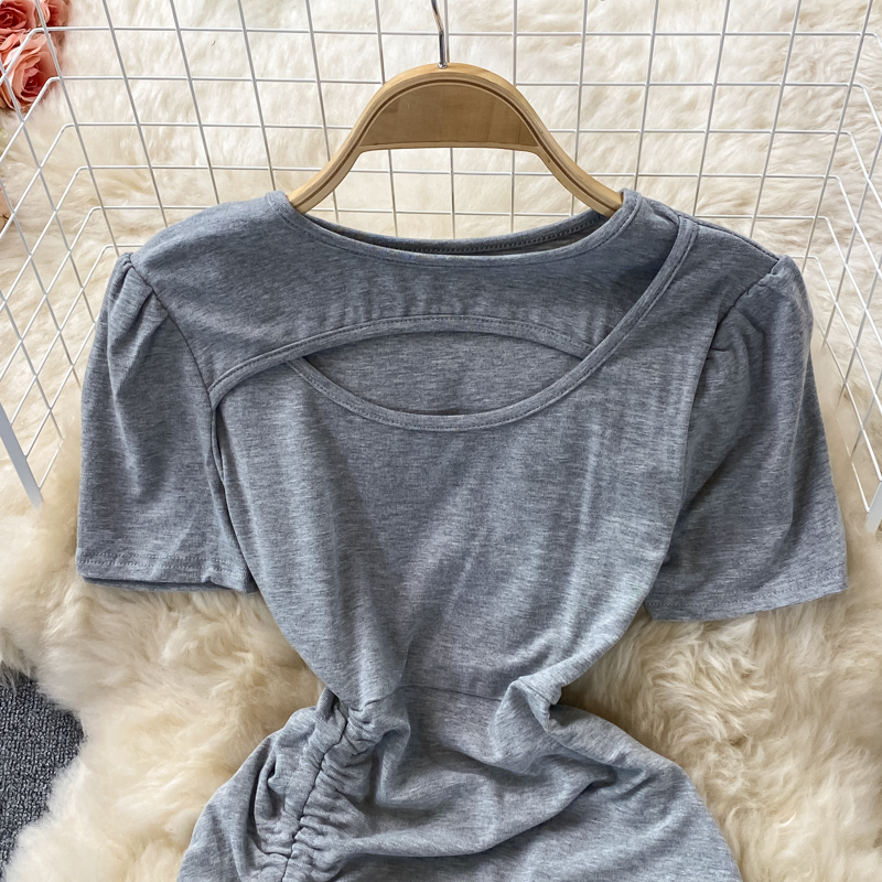 Hollow Western style drawstring waist short-sleeved dress summer new Korean temperament was thin and short hip skirt - Image 4