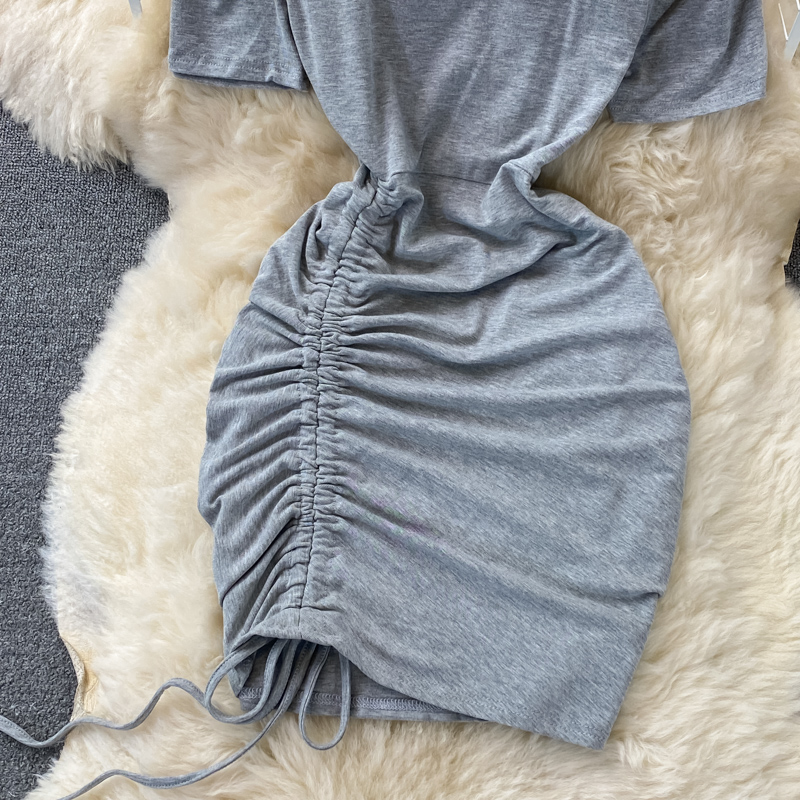 Hollow Western style drawstring waist short-sleeved dress summer new Korean temperament was thin and short hip skirt - Image 5
