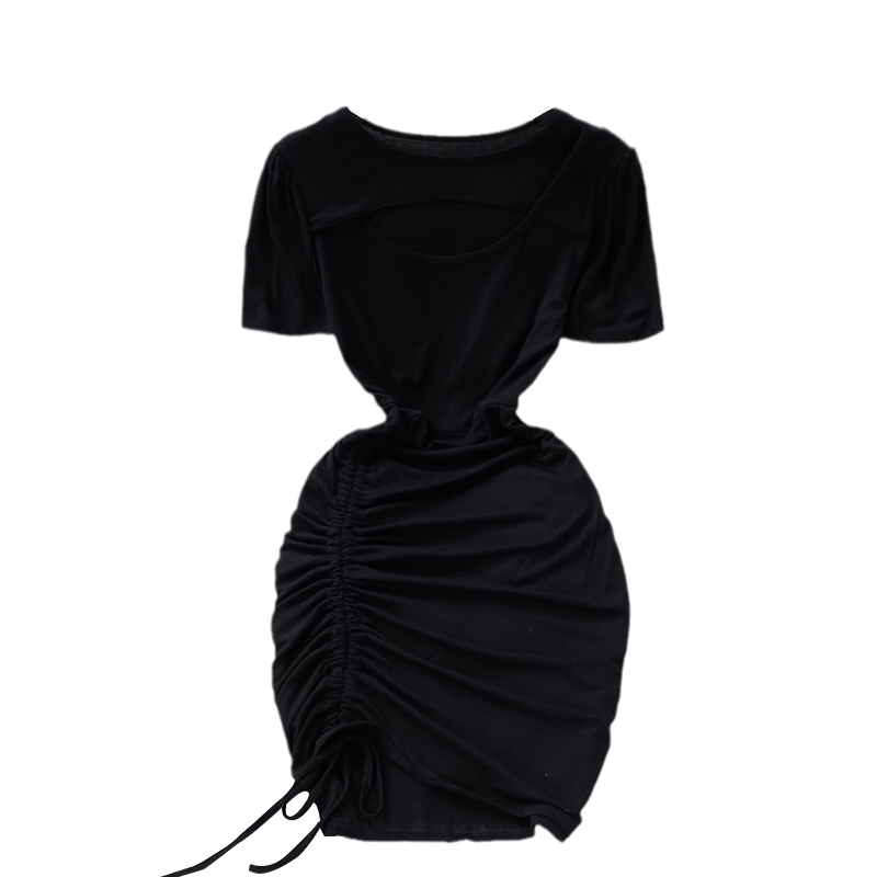 Hollow Western style drawstring waist short-sleeved dress summer new Korean temperament was thin and short hip skirt - Image 6