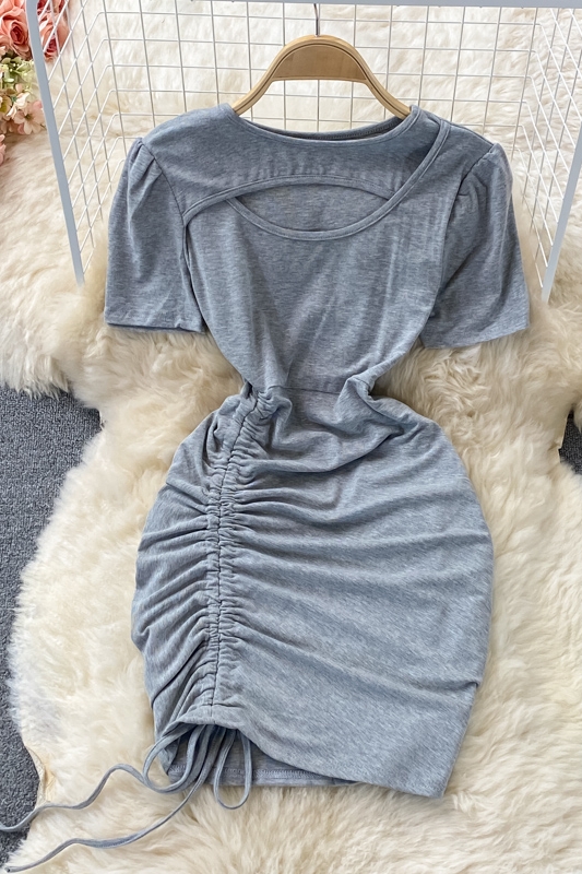 Hollow Western style drawstring waist short-sleeved dress summer new Korean temperament was thin and short hip skirt - Image 7