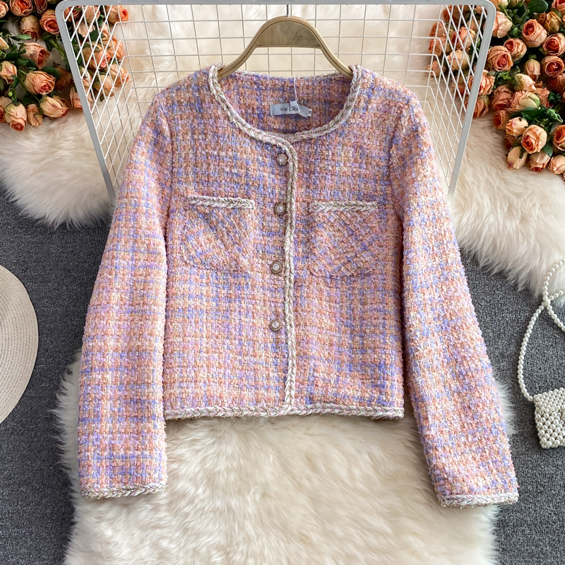 Autumn and Winter French Style Retro Socialite Woven Tweed Temperament Top Short Pink Coat for Women - Image 2
