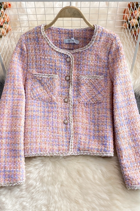 Autumn and Winter French Style Retro Socialite Woven Tweed Temperament Top Short Pink Coat for Women - Image 7