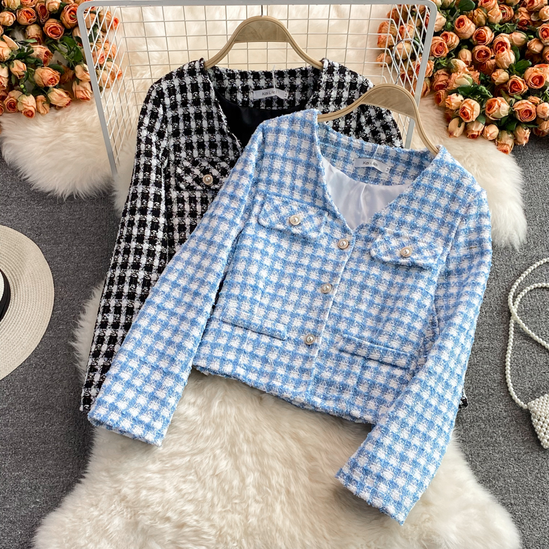 V-neck Woven Tweed Short Coat Autumn and Winter New Retro Easy Matching Fashionable Jacket Top