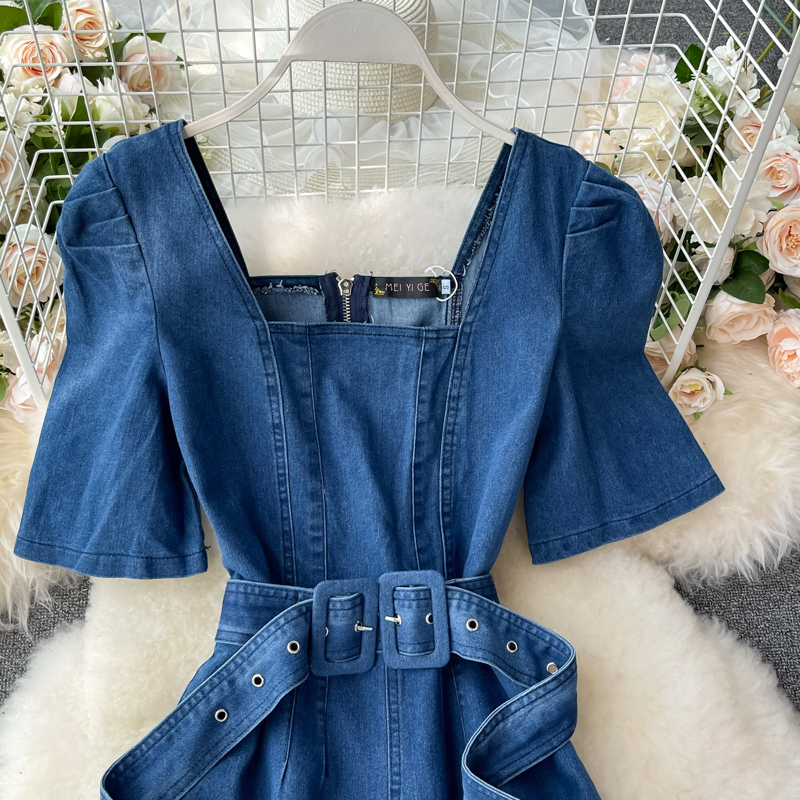 Fashion square neck high waist thin puff sleeve wide-leg pants summer new Korean version of the wild denim jumpsuit trend - Image 3