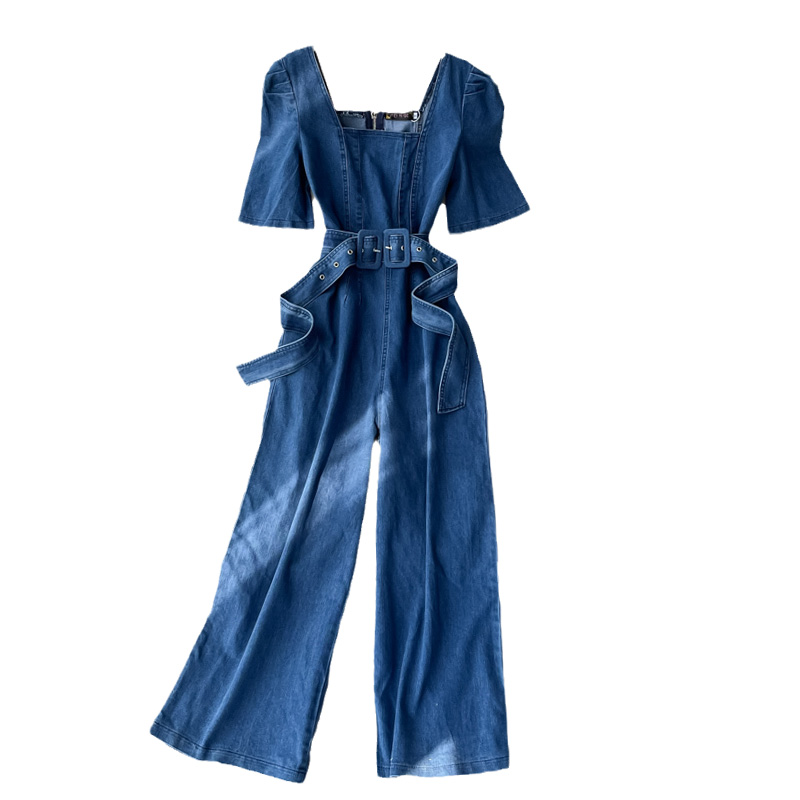 Fashion square neck high waist thin puff sleeve wide-leg pants summer new Korean version of the wild denim jumpsuit trend - Image 6