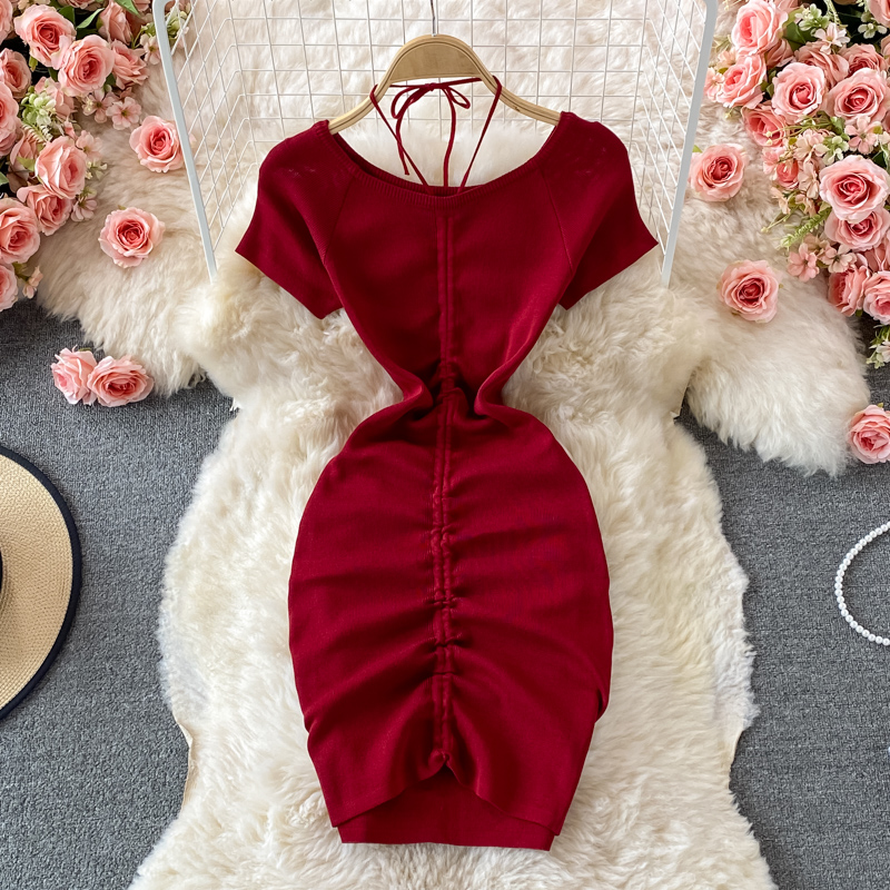 Summer New Pleated Drawstring off-Shoulder Drawstring Elastic Skinny Slimming Sheath Dress Short Sleeve