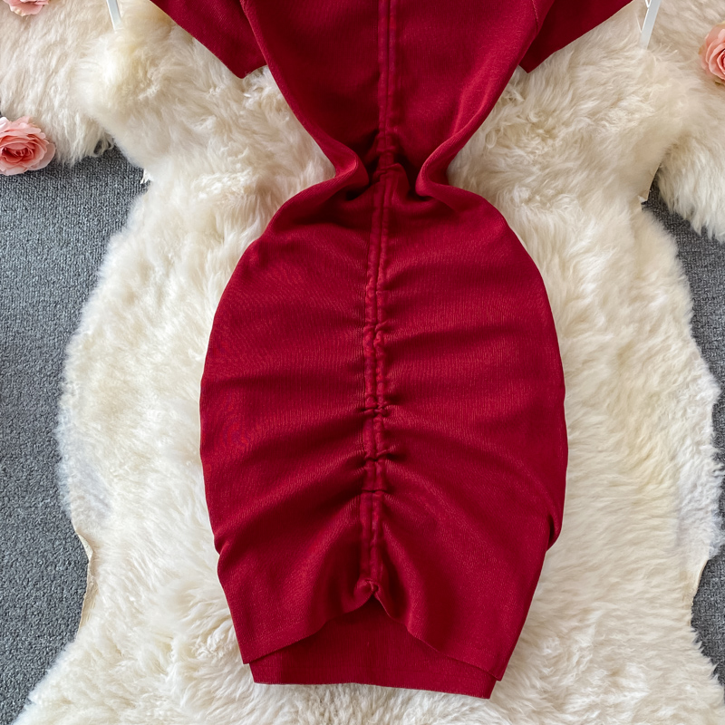 Summer New Pleated Drawstring off-Shoulder Drawstring Elastic Skinny Slimming Sheath Dress Short Sleeve - Image 4