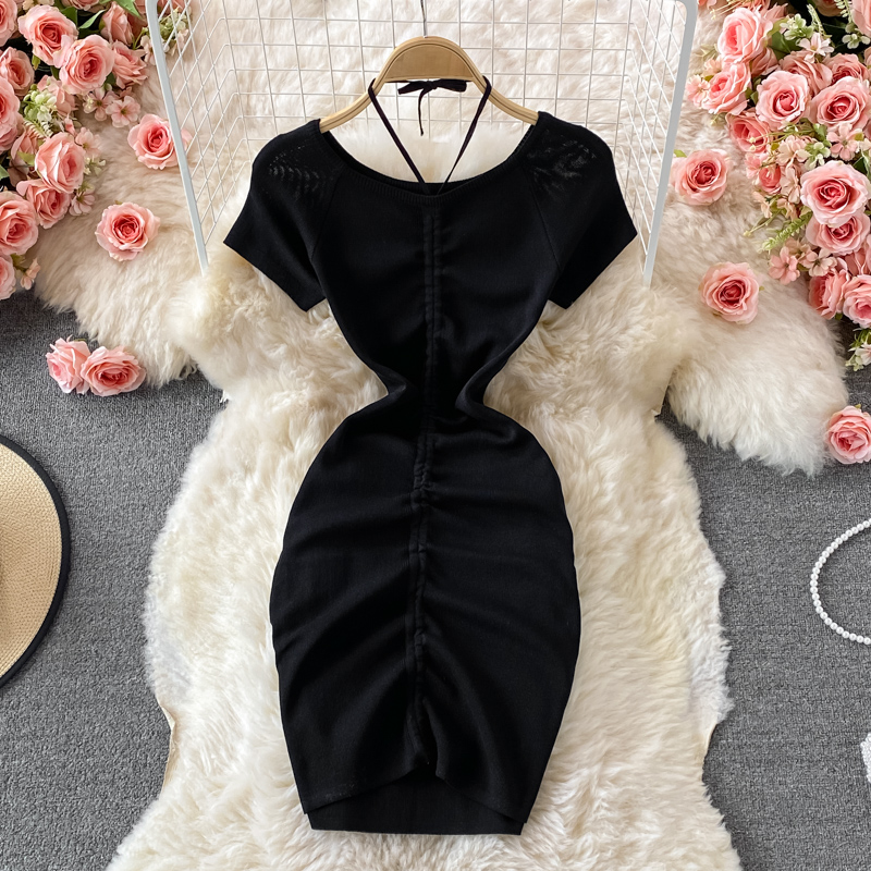 Summer New Pleated Drawstring off-Shoulder Drawstring Elastic Skinny Slimming Sheath Dress Short Sleeve - Image 5