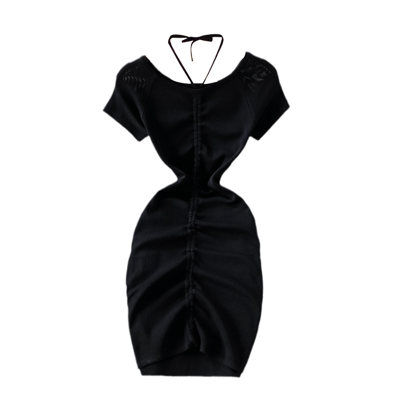 Summer New Pleated Drawstring off-Shoulder Drawstring Elastic Skinny Slimming Sheath Dress Short Sleeve - Image 6