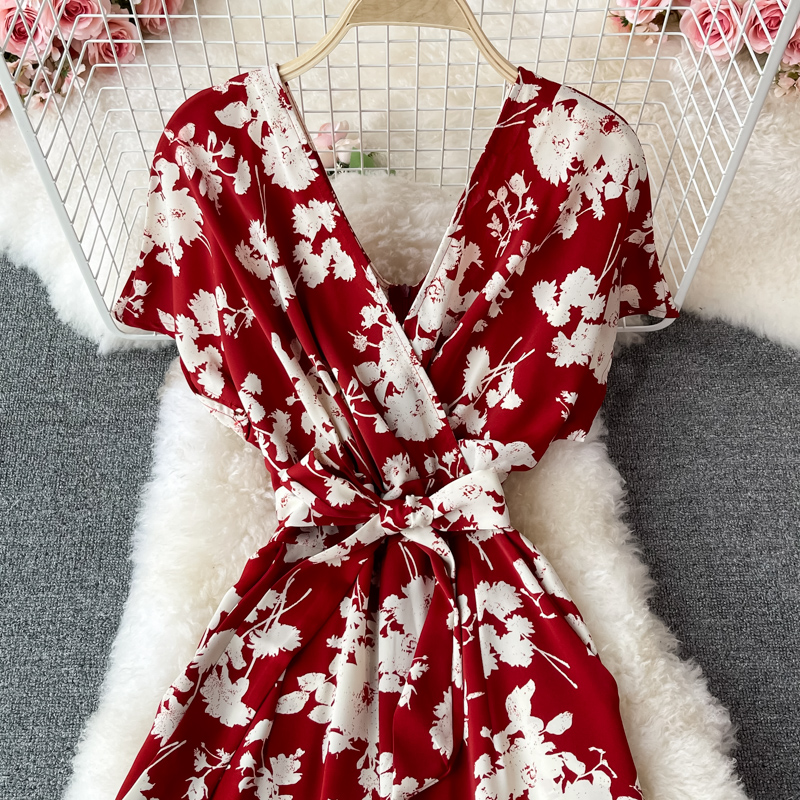 Light ripe wind socialite v-neck floral chiffon jumpsuits summer new waist jumpsuits leisure loose wide-legged pants - Image 3