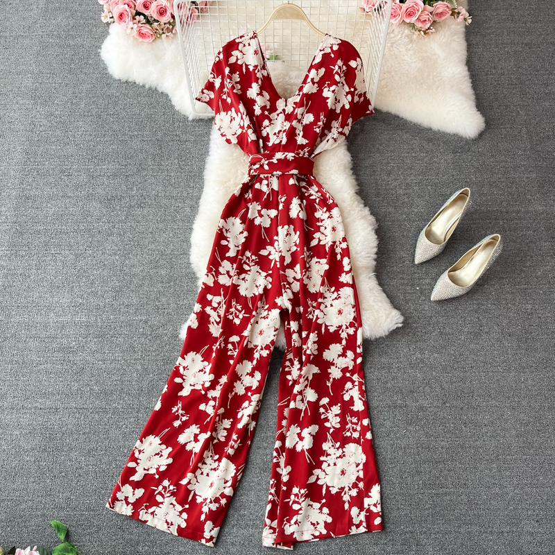 Light ripe wind socialite v-neck floral chiffon jumpsuits summer new waist jumpsuits leisure loose wide-legged pants - Image 4