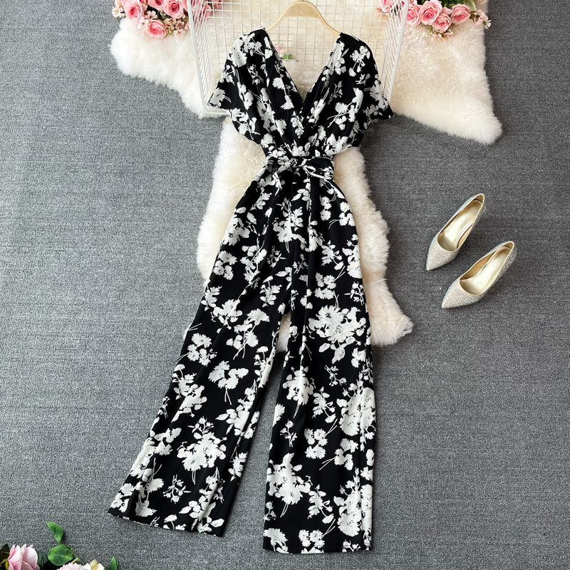 Light ripe wind socialite v-neck floral chiffon jumpsuits summer new waist jumpsuits leisure loose wide-legged pants - Image 5