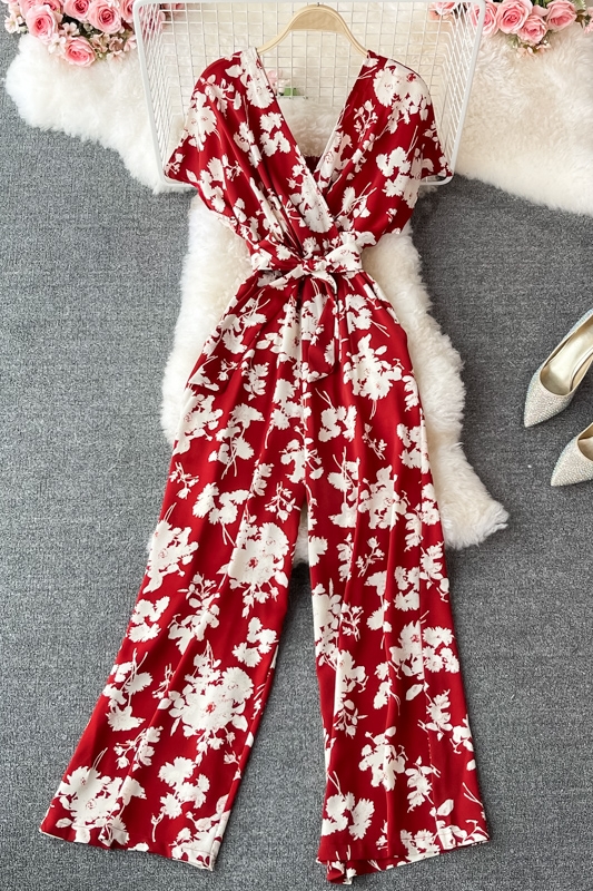 Light ripe wind socialite v-neck floral chiffon jumpsuits summer new waist jumpsuits leisure loose wide-legged pants - Image 6