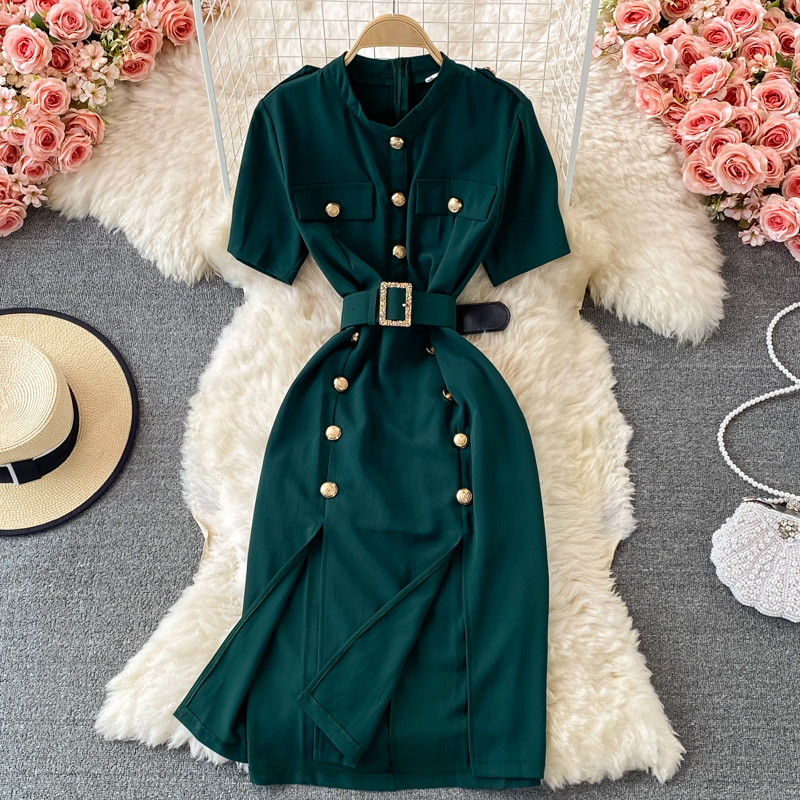 Go-Getter Girl Style Business Ol Split Dress Summer Women's New Stand Collar Elegant Double Breasted Short Sleeve Dress